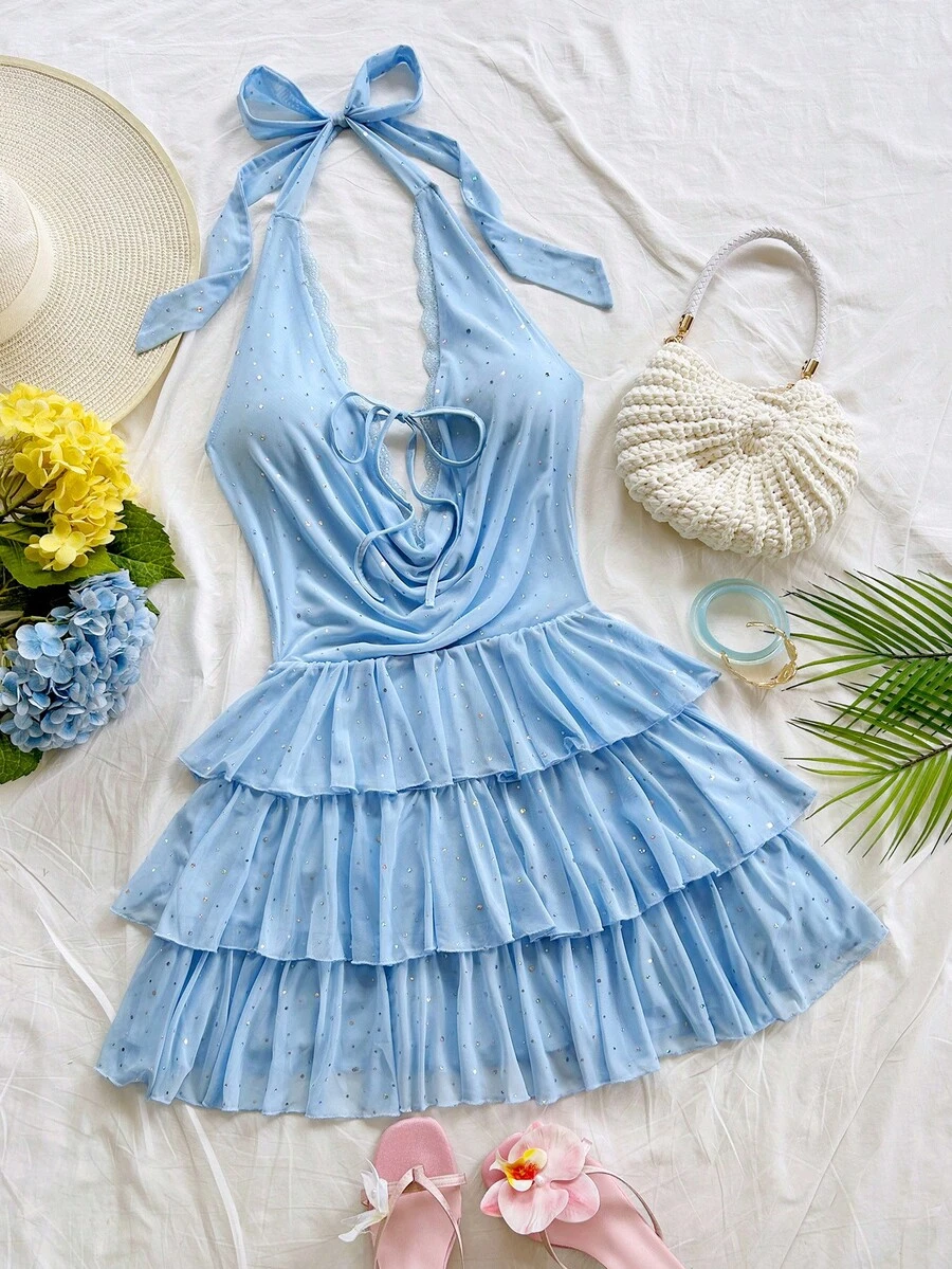 Soleia Women's Light Blue Summer 70's Party Disco Vacation Holiday Lace Patchwork Mesh Sequin Ruffle Hem Draped Neck Mini Dress, Boho Birthday Outfit - Baby Blue - View 1