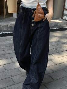 FRIFUL Women's Fashion Frayed Hem Straight Loose Fit Casual Jeans - Blue - View 3