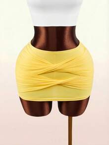 Amplova Pantalones con falda de cintura elástica y diseño de torsión de unicolor para mujer - Amarillo - Ver 2