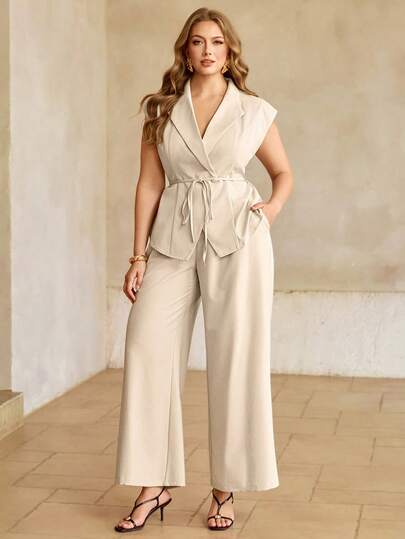Roveilla Women's Plus Size 2-Piece Set, Blazer Collar, Waist Tie Bow, Dropped Shoulder, A-Line Asymmetric Hem, Front Zipper, Elastic Waist Wide Leg Pants, Pockets, Elegant French Retro Commuting Business Vacation Casual Street Style Minimalist Vintage 2-Piece Set, Spring/Summer New Elegant Pant Suit Sleeveless Pant Suit Womens Pantsuit Pant Suit Women Womens Pant Suit
