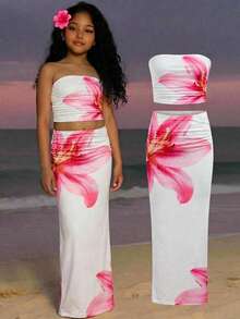 少女休闲碎花吊带背心和迷你裙套装 - 白色 - 查看 3