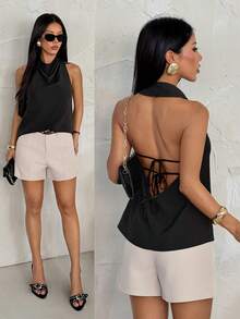 SHEIN PETITE Neue elegante Bluse für Frühling/Sommer, Vintage moderner asymmetrischer Kragen, ärmelloser Trägertop mit Rückenausschnitt und Schleifendekor, tailliertes schwarzes Bürohemd für Konzerte und Raves, Rave Top - Schwarz - Übersicht 11