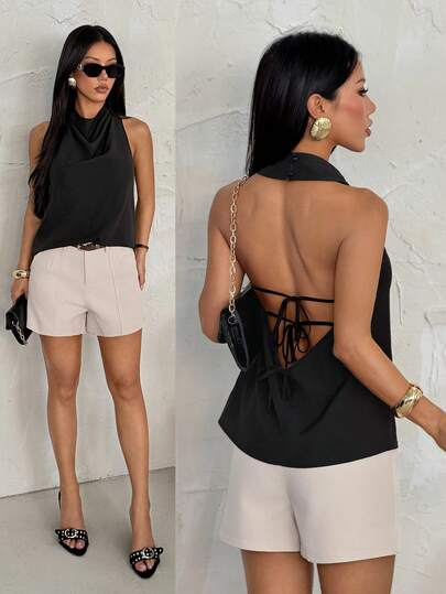 SHEIN PETITE 新款春夏优雅通勤衬衫，复古现代不对称领无袖露背蝴蝶结装饰修身黑色办公衬衫，适合音乐会、锐舞派对等场合，女士锐舞上衣