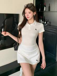 K-Vae 两件套刺绣 Polo 领修身短袖上衣和铅笔裙套装 - 白色 - 查看 7