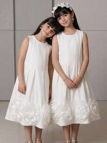 SHEIN Young Girl Woven Solid Color Round Neck Sleeveless Ruffle Hem Casual Dress Young Girl Dress Ivory Kids Dress Flower Girl Dress Sleeveless Dress White Elegant Dress,Kids - White - View 3