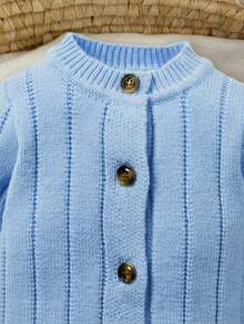 SHEIN 新生女宝宝可爱秋冬多功能针织连体衣，带脚套和帽子套装 - 藍色 - 查看 3