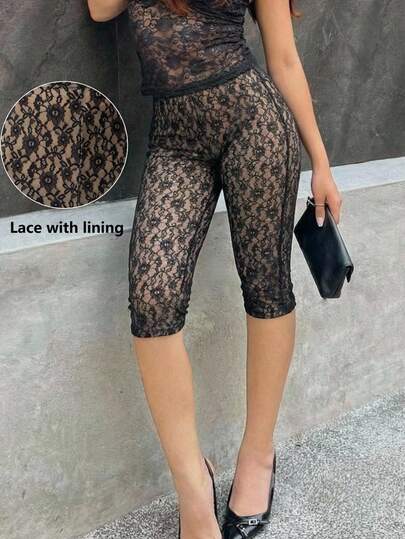 Firerie Women's Elegant Romantic Lace Leggings With Nude Lining, Waist-Defining 7/8 Length Casual Pants, Versatile For Spring/Summer, Suitable For Dates, Everyday Wear, Vacations, Music Festivals Capris For Women