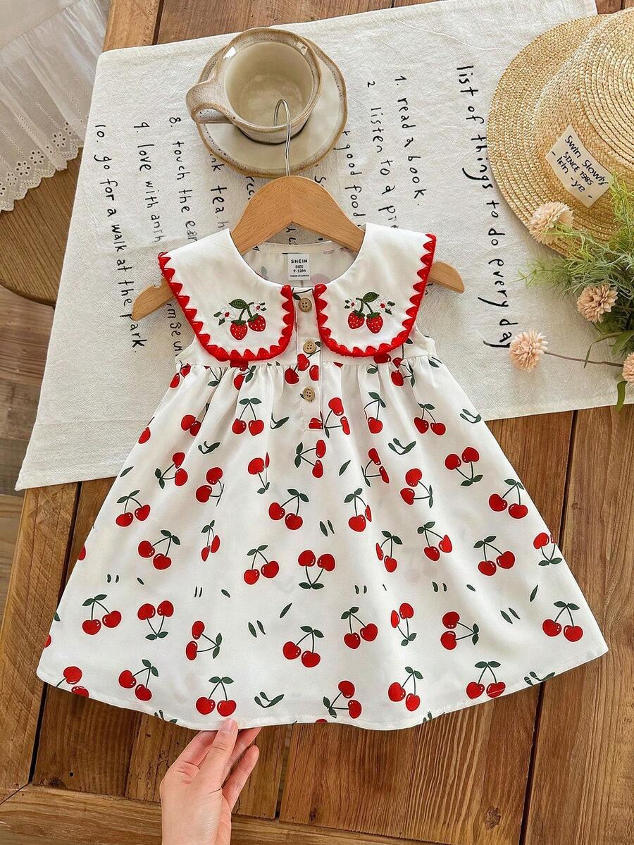 LMoss Kids 女婴编织领樱桃图案无袖休闲连衣裙 - 彩色 - 查看 1