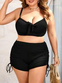 SHEIN CURVE+ Plus Size Women's Black Drawstring Tankini Swimwear Set, Beach Holiday - Black - View 4