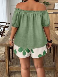 Weeklong Plus Size Women's Solid Color Off-Shoulder Short Sleeve Top And Floral Print Shorts Casual Vacation 2-Piece Set - Multicolor - View 2