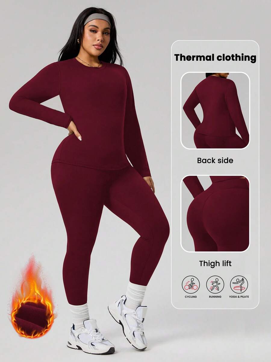 SHEIN Sports 大码女士抓绒保暖内衣套装,舒适打底衫,户外冬季滑雪保暖紧身裤,长袖圆领上衣和裤子套装,瑜伽服 - 酒紅色 - 查看 1