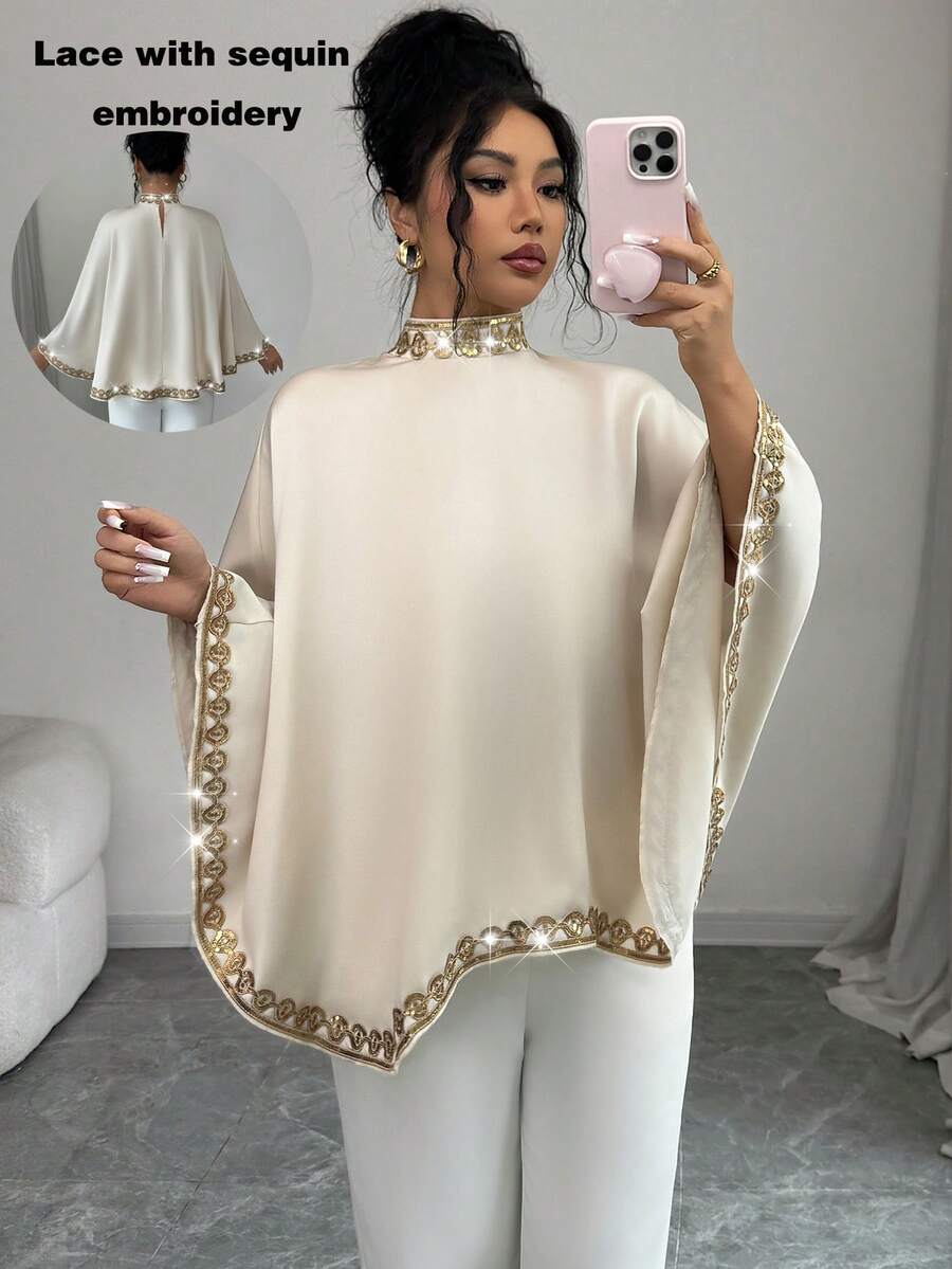 SHEIN Elenzya Elegant Romantic Vacation Chiffon Sequin Floral Trim Women Blouse Elegant Blouses Cream Blouse Poncho Top Blouse For Women Cape Top Elegant Blouse For Women Cream Outfit Women 2 Pieces Sets Woman Elegant Kaftan Style Top Elegant Women's Top Sequin Embroidery Top Working Blouse Women's Tops And Blouses - Apricot - View 1
