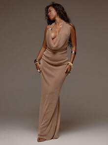 MUSERA Glitter Mesh Brown Cowl Plunge Halterneck Trim Detail Fitted Maxi Dress Spring Summer Holiday Vacation Beach Ibiza Festival Party Elegant Divinity - Yellow - View 3