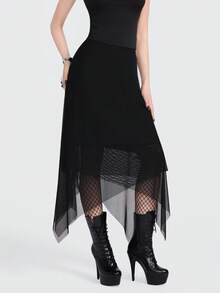 Breakform Chân váy nữ kiểu Gothic gợi cảm, màu trơn, chất liệu lưới phối nhiều mảnh, cạp chun, vạt bất đối xứng, dài đến đầu gối. - màu đen - Xem 1