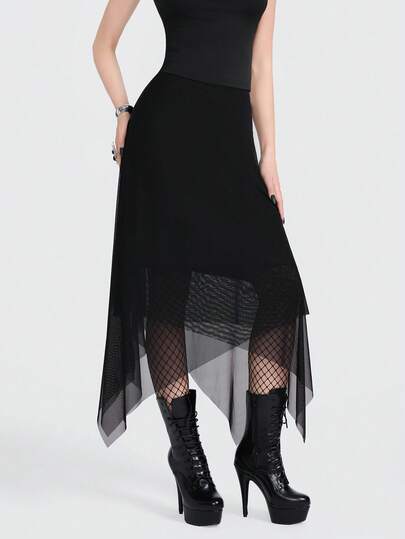 Breakform Gothic Punk Elegant Gothic Music Festival Cool  Women's Sexy Gothic Solid Color Mesh Patchwork Knit Waistband Elastic Waist Asymmetrical Hem Mid-Length Skirt
