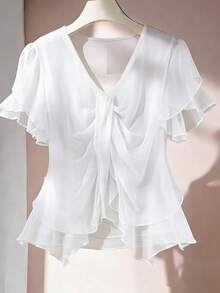 Nubod 2026 Fashion Casual Resort Wear Versatile Minimalist Everyday Plus Size Solid Color Short Sleeve V-Neck Chiffon Shirt With Front Pleats Women's Beach Top - White - View 5
