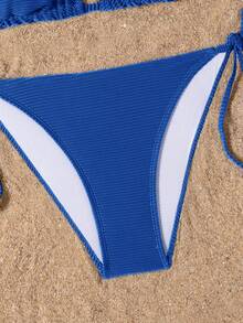 SHEIN Swim Basics 2025 纯色露背扭结开衩比基尼泳装 - 藍色 - 查看 5