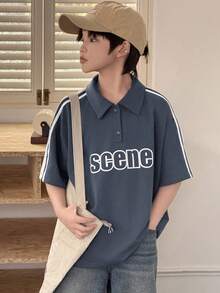 DAZY Tween Boys' Casual Sports & Daily Wear Contrast Striped Side Letter Print Loose Fit Polo Shirt, Summer - Blue - View 2