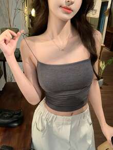 DAZY 女士舒适抹胸吊带背心，新款弹力紧身无袖打底衫，适合春季短款上衣 - 灰色 - 查看 1