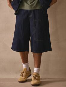 Musero Long Line Bermuda Style Shorts Seam Detailing Button Fastening Jorts Spring Summer Holiday Essentials - Dark Wash - View 2