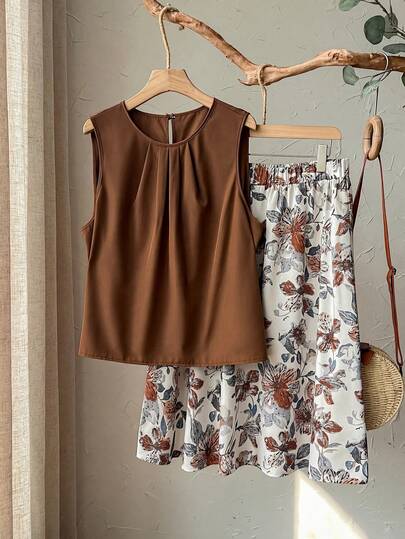 EMERY ROSE Plus Size Women Summer Casual Vacation Pleated Loose Tank Top And Floral Print Skirt 2 Piece Set