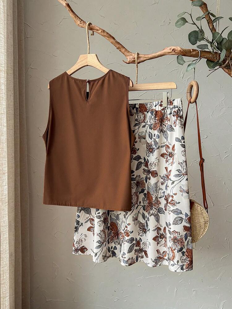 Plus Size Women Summer Casual Vacation Pleated Loose Tank Top And Floral Print Skirt 2 Piece Set  Summer Skirt And Top Set Summer Outfits Summer Clothes  Spring  Spring Outfit Women Spring Clothes Country Style For Women
