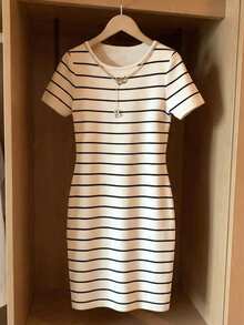 Resyla Women's Spring/Summer New Arrival Striped Print Fitted Casual Short Sleeve Dress - Multicolor - View 5