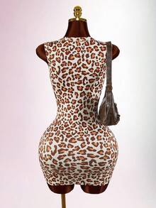 Amplova Shoulder-Padded Leopard Print Bodycon Mini Dress With Lace Bust Panel, Suitable For Music Festivals, Vacations, Spring/Summer/Autumn/Winter - Pink - View 2