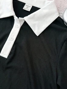 SHEIN 少女黑白休闲个性化撞色领罗纹针织纽扣修身连衣裙，夏季连衣裙，蝴蝶刺绣 - 黑與白 - 查看 3