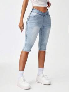 Flexra Quần Jeans Skinny Croptop Túi Eo Bất Đối Xứng Cho Nữ - Màu xanh lam - Xem 3