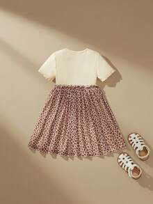 SHEIN Knit Contrast Mesh Leopard Print Girls (Toddler) Dress - Apricot - View 6