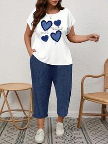 EMERY ROSE 2 piezas Conjunto minimalista casual con estampado de corazón náutico azul, talla grande, adecuado para vacaciones de verano, 2 piezas de conjunto de verano para mujeres - Multicolor - Ver 5