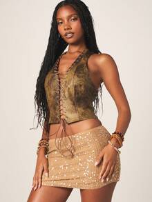 MISSGUIDED 系带前开襟束身吊带背心，露背设计，短款长度，适合节日派对晚宴穿着 - 綠色 - 查看 1