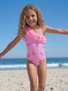 SHEIN Emery Rose Kids 小女孩可爱数码印花粉色蝴蝶结连体泳衣，适合海滩和泳池度假 - 淺粉色 - 查看 3