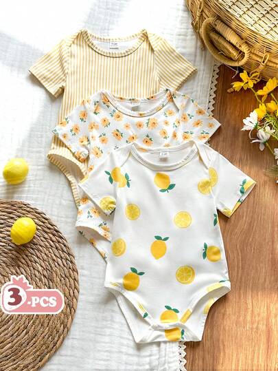 SHEIN Vintaside Kids Pelele de manga corta con cuello redondo y estampado completo, lindo para bebé niña en verano