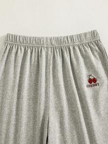 Tween Girl Cherry Letter Print Ruffle Fitted T-Shirt And Wide Leg Pants Set, Casual Fashionable Street Style For Spring, Summer, Autumn - Grey - View 3