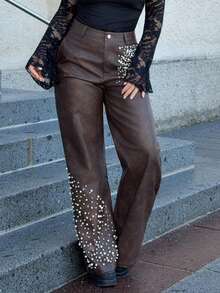 Jeta Ari 秋冬新款时尚铆钉PU女士西装裤 - 棕色 - 查看 5