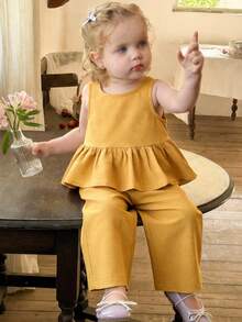 LMoss Kids Baby Girl Summer Casual Solid Color Ruffle Hem Top And Pants Set - Yellow - View 10
