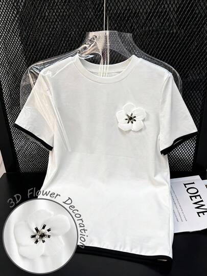 Resyla Women's Summer Casual Vacation & Commute 3D Floral Decor Contrast Binding Short Sleeve T-Shirt