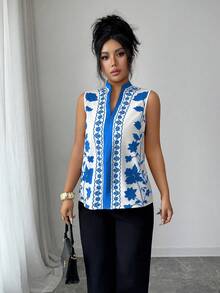 SHEIN Elenzya Áo không tay cổ chữ V dành cho nữ, họa tiết hoa in chìm. - Nhiều màu - Xem 3