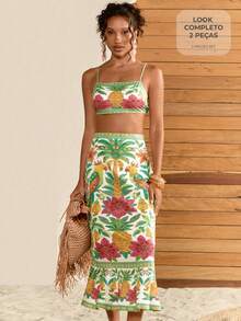CAJUNI Conjunto de top corto y falda con estampado de piña para vacaciones, conjunto de falda y parte superior de verano para mujer - Multicolor - Ver 9