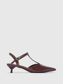 CUCCOO BIZCHIC Sandali con cinturino a T, punta affusolata e tacco a spillo, in pelle laccata, design minimalista, adatti per l'uso quotidiano - Castano - Visualizzare 2