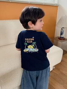 DAZY Baby BoyRound Neck Cartoon Print Short Sleeve T-Shirt - Navy Blue - View 1