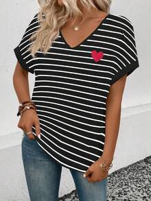 SHEIN 女士V领短袖宽松条纹爱心图案T恤，畅销款 - 彩色 - 查看 3