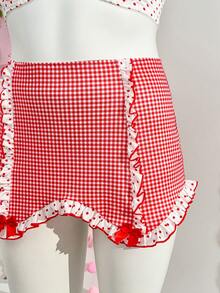 PetitDoll Valentine's Day Plus Size Cute Printed Patchwork Bow Decor Lingerie Set With Underwire, 3pcs - Red and White - View 10