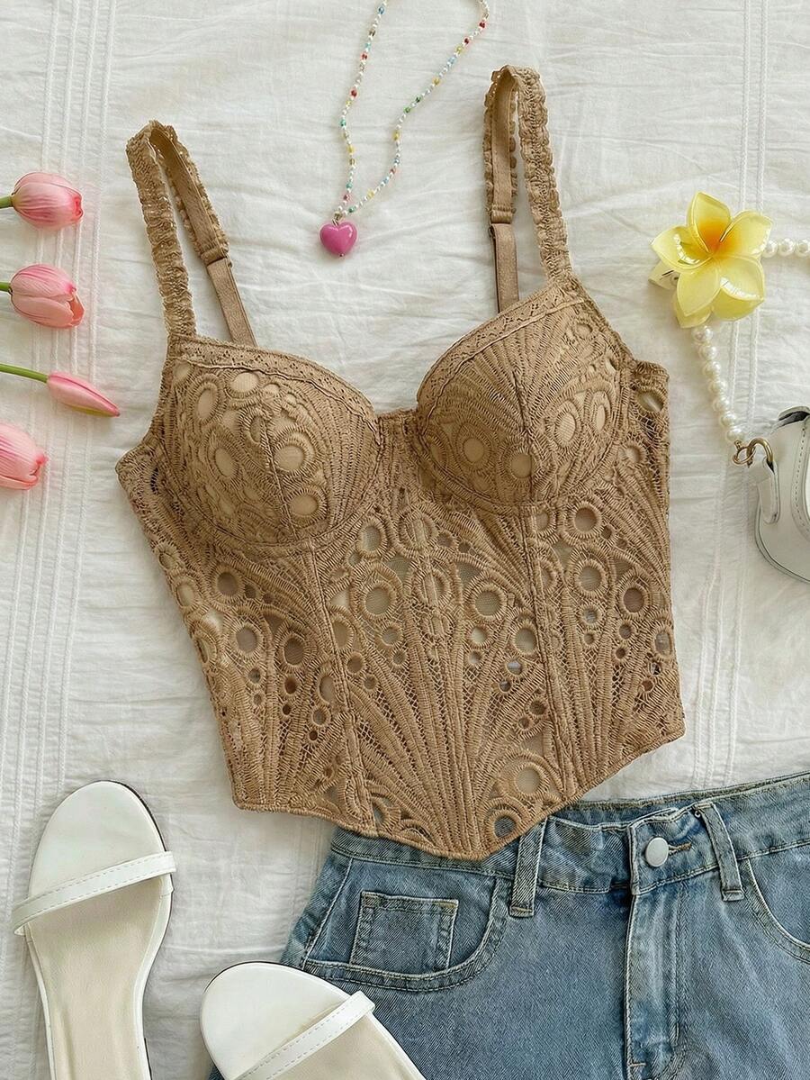 Soleia 女士可调节肩带纯色时尚百搭休闲上衣，适合约会和外出，春夏款 - 卡其色 - 查看 1