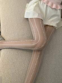 DAZY Quần legging nữ mỏng ôm sát, họa tiết kẻ sọc, kiểu dáng thường ngày. - Màu be - Xem 6