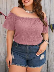 SHEIN Clasi Plus Size Solid Color Off-Shoulder Casual Short Sleeve Shirt, Versatile For Summer - Baby Pink - View 5