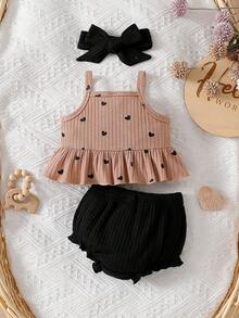 SHEIN Baby Girls' Summer New Cotton Rib Knit Heart Print Romper Set - Khaki - View 2