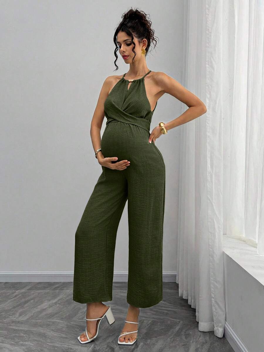 Momance Maternity Jumpsuit With Wooden Bead Halter Neck, Tie Front Waist Bow Detail, Full Length Pants - Green - View 1